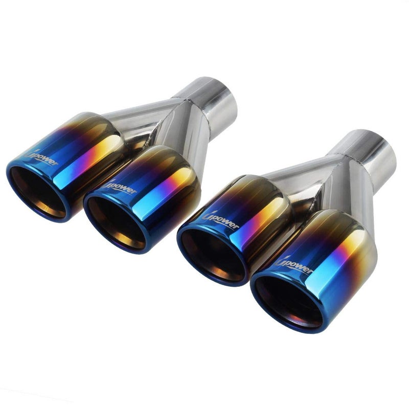 Upower Dual Exhaust Tips 2.25 inch inlet 3 inch outlet 9.2" Long Vacuum Plating Blue 304 Polished Stainless Steel Weld on Staggered Exhaust Tailpipe Tips 2.25" to 3"(Pack of 2) - Image 1
